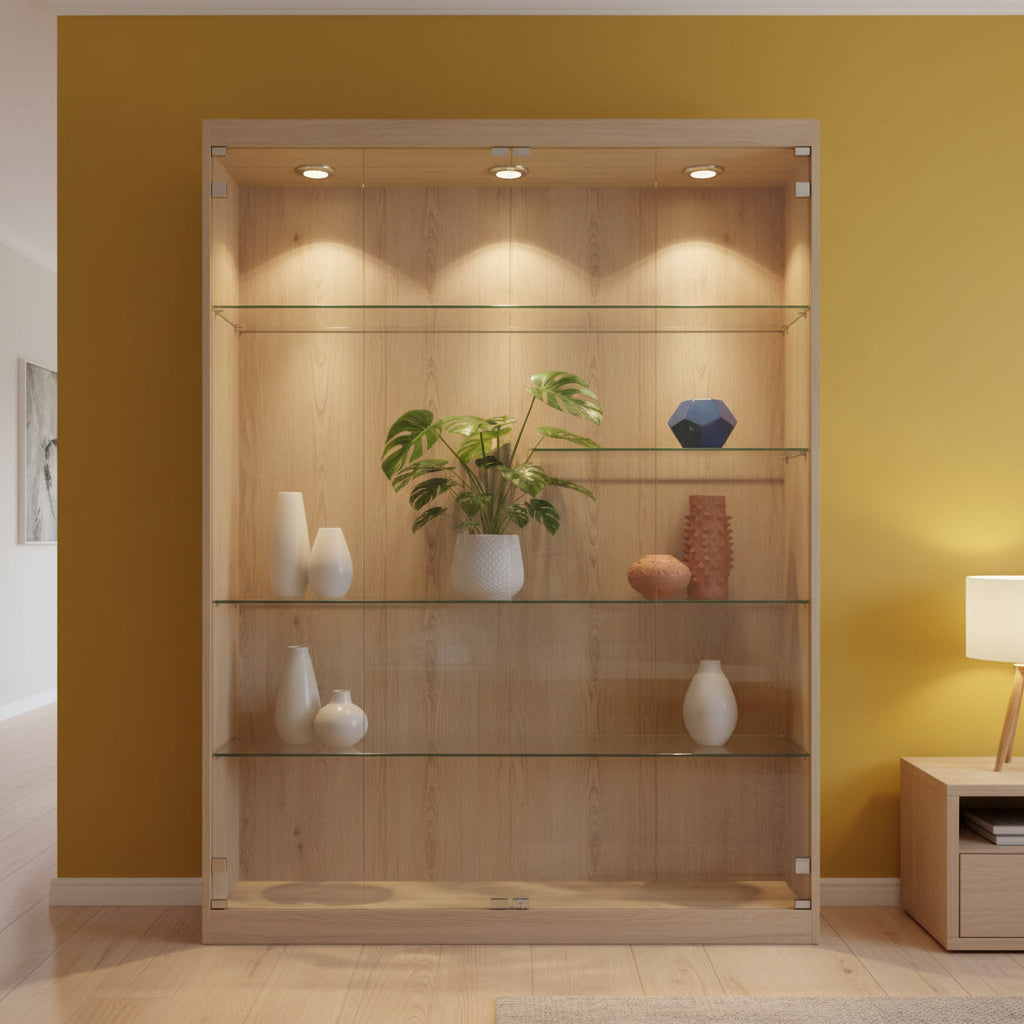 Mini LED downlights in a display cabinet with a plant and ceramics
