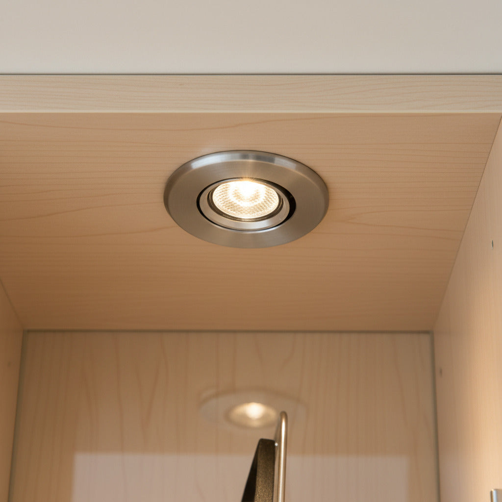 silver mini LED downlight mounted in a display cabinet