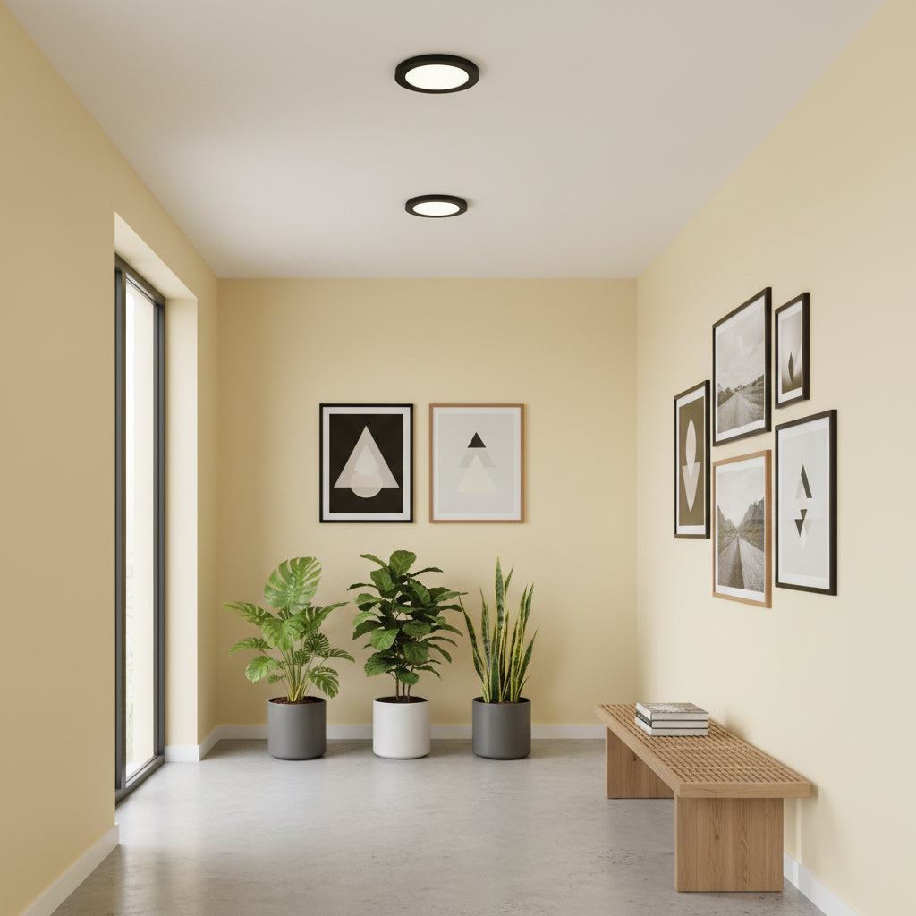 Low profile downlight in a room with pictures and plants on pale yellow walls