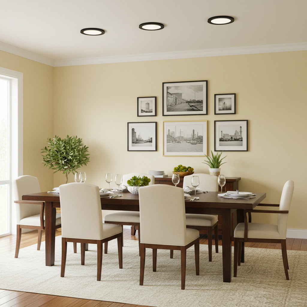 Low profile downlights in the ceiling of a dining room with table and chairs plants and pictures and pale yellow walls
