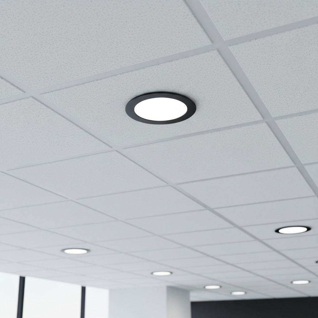 black low profile downlight installed into a suspended ceiling in an office