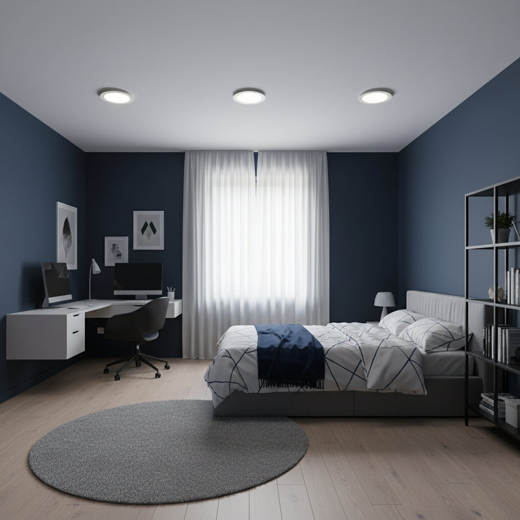 Slimline ceiling downlighter in a bedroom with a bed desk and chair and dark blue walls