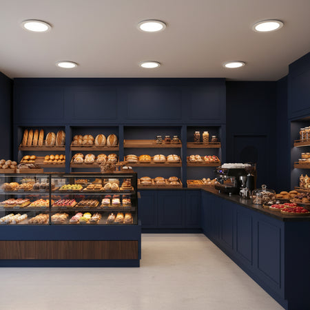 Slimline ceiling downlighter in a bakery with dark blue wall and fixtures and showing bread and cakes