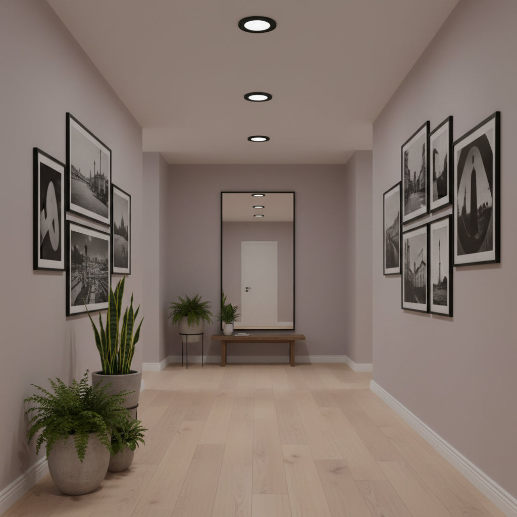 Slimline LED downlights in a hall way with mirror plants and pictures on a pale lilac walls