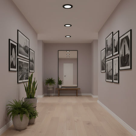 Slimline LED downlights in a hall way with mirror plants and pictures on a pale lilac walls