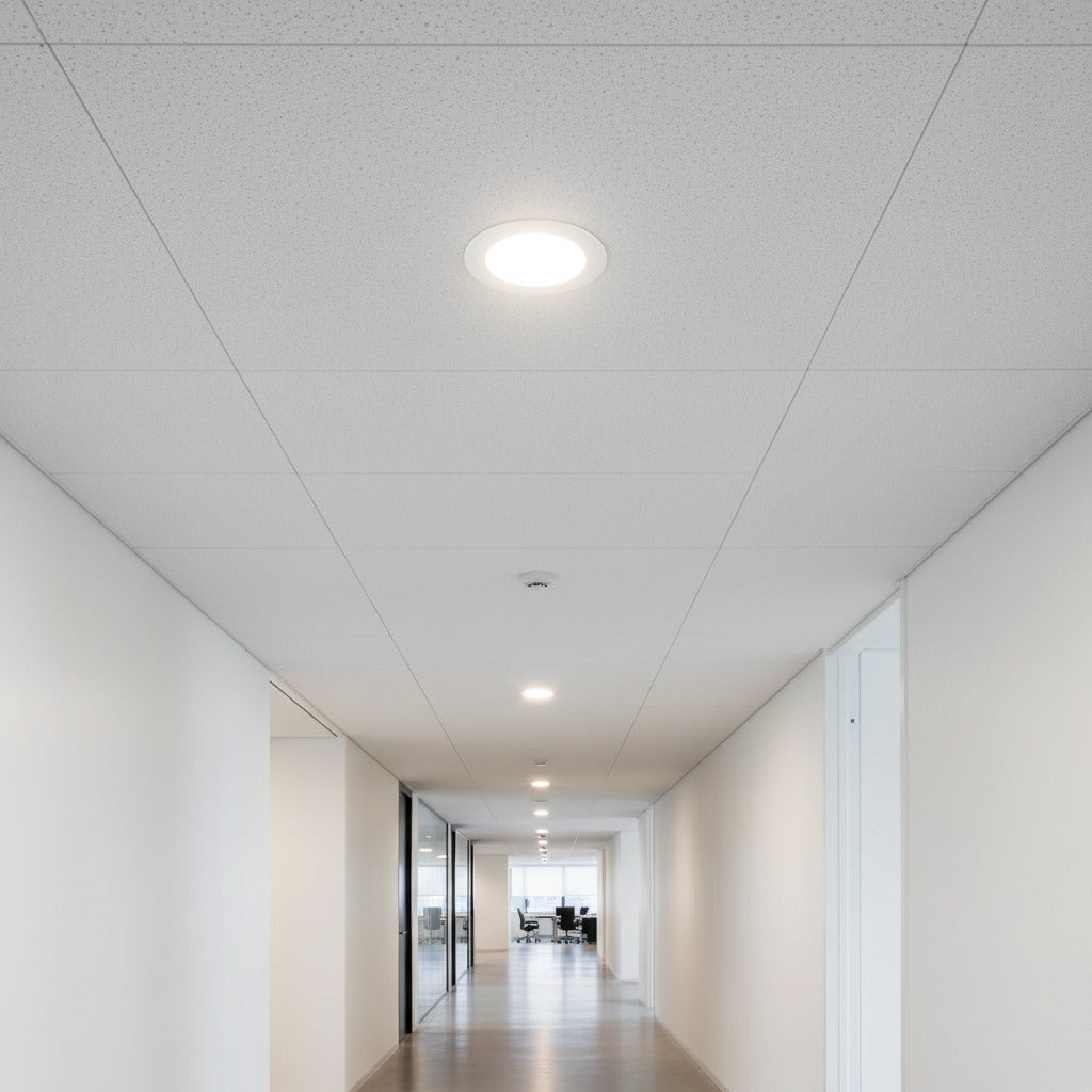 white ultra slim downlight installed in an office corridor