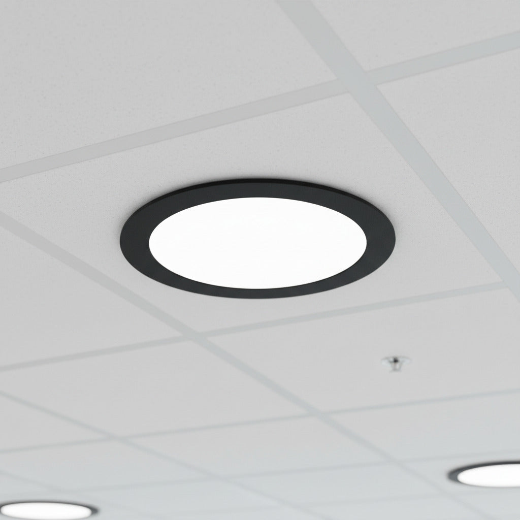 black slimline ceiling downlight installed in a commercial application