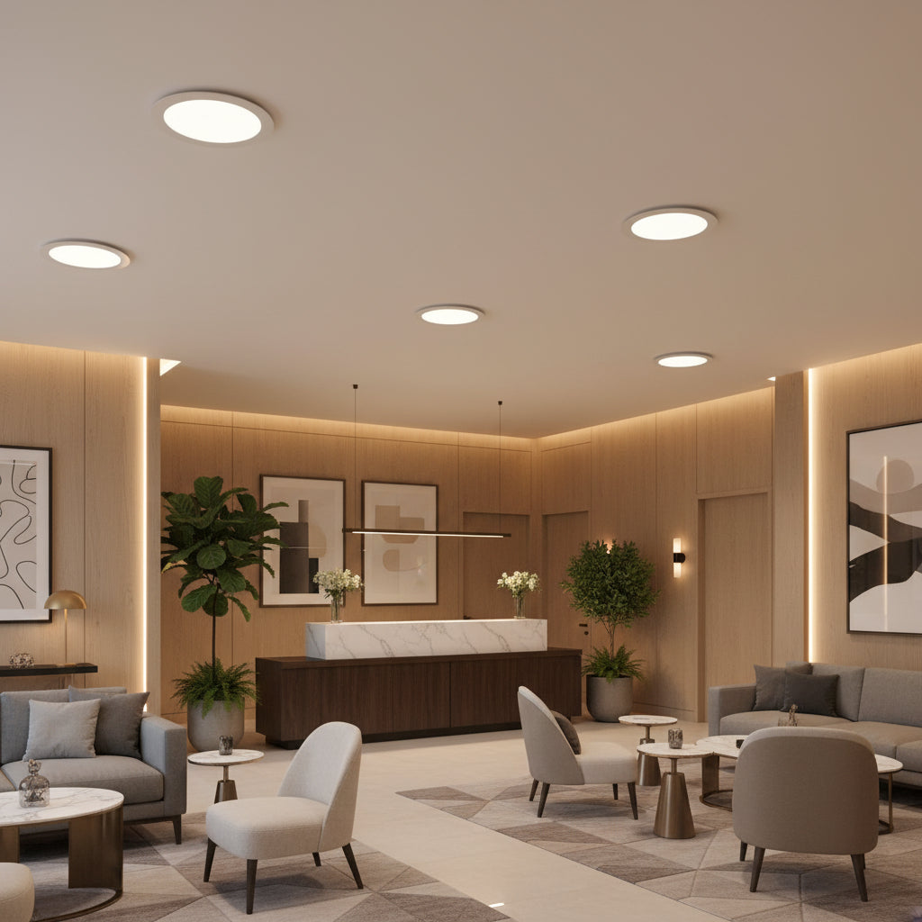 Slim downlight in a hotel reception with furniture against a pale orange wall