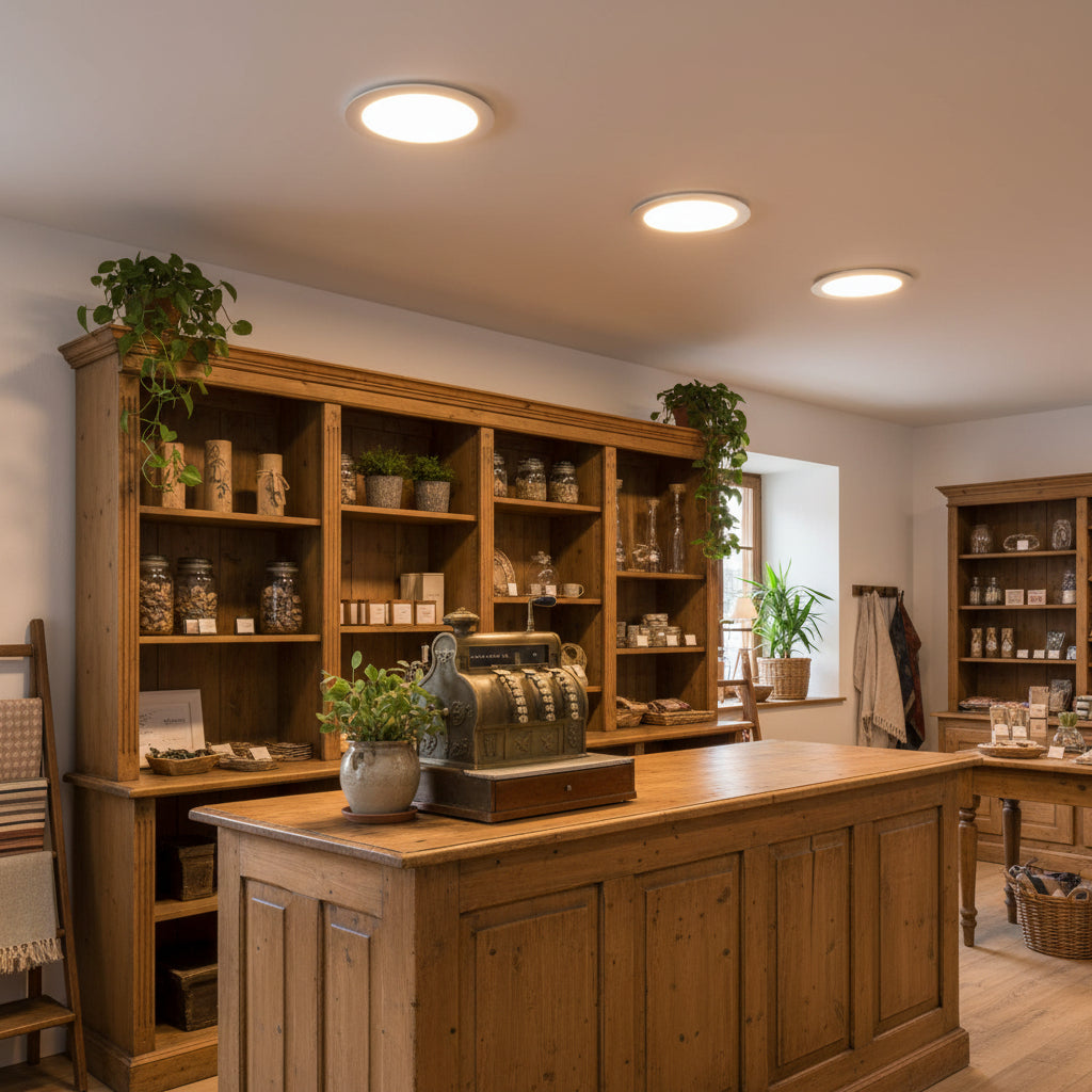 Slim downlight above a cash desk in a traditional shop with pine furniture