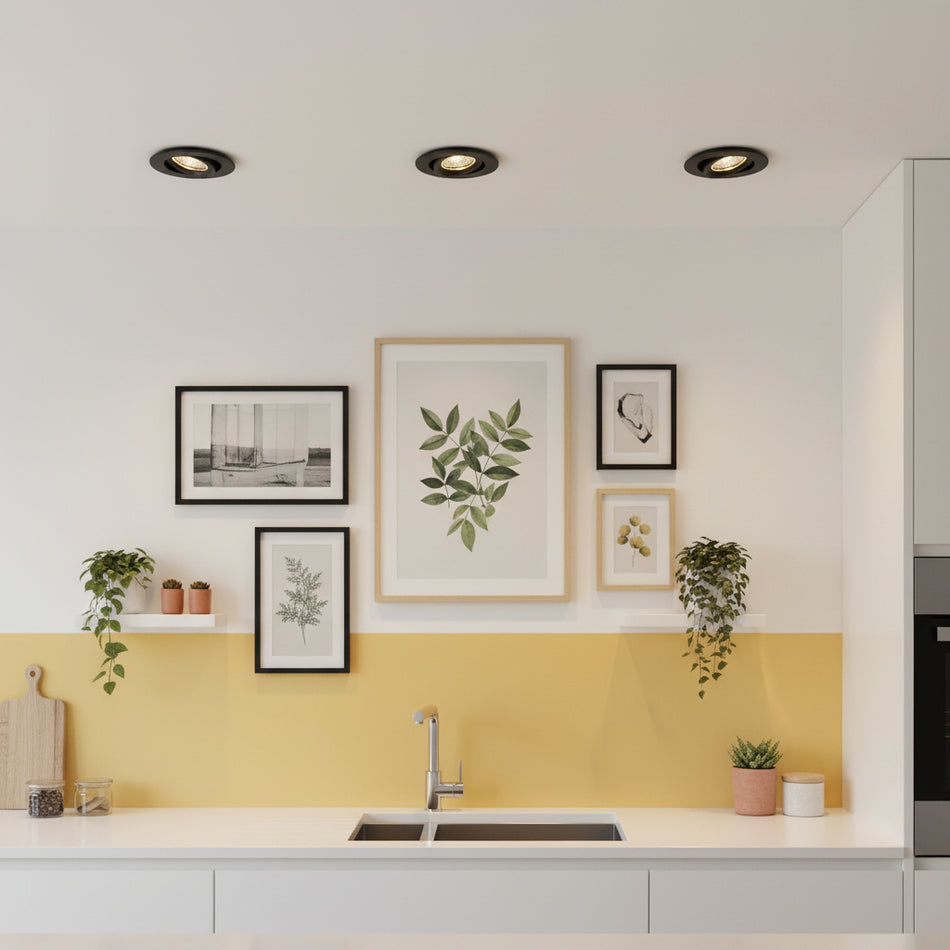 IP65 spotlight above a kitchen sink with pictures and pants with a yellow background