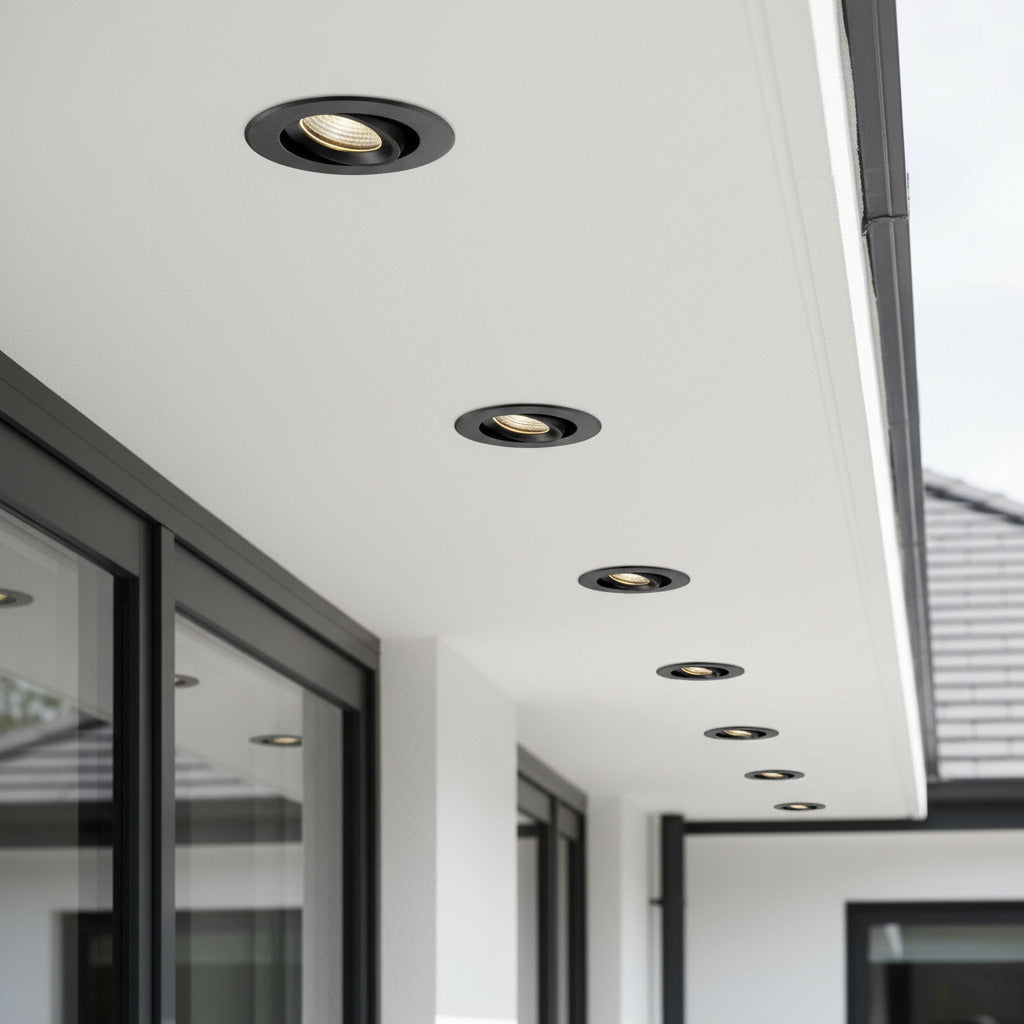 black adjustable soffit light mounted under the canopy of a modern home 