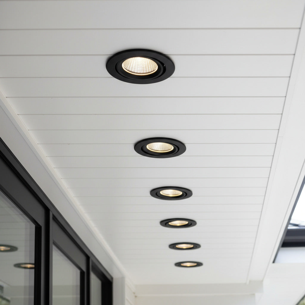 black outside downlight mounted along the soffit of a modern home
