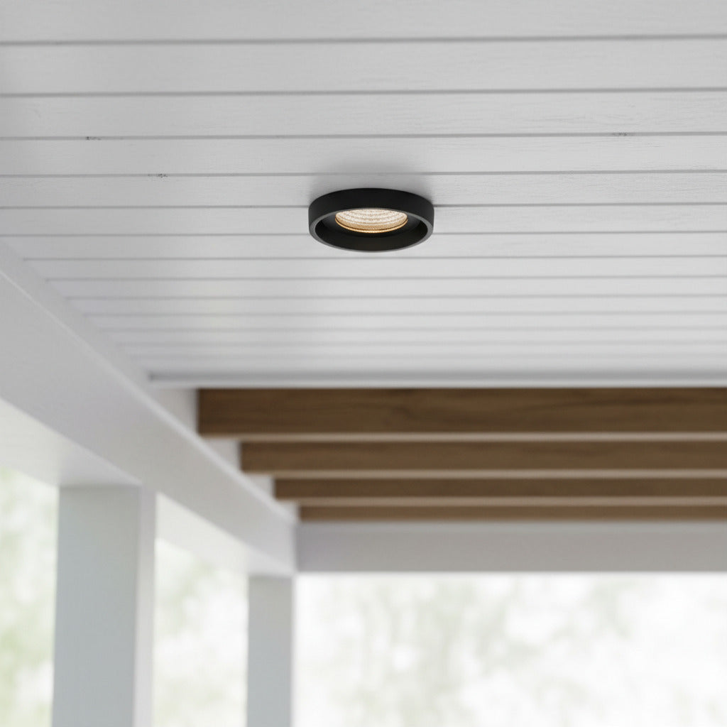black outdoor downlight mounted under a house porch 