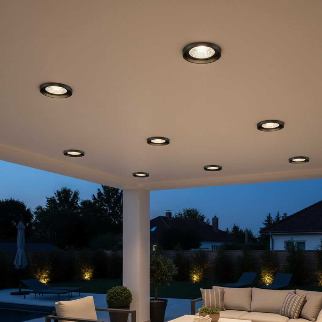 black exterior downlight mounted under the canopy of an outdoor entertaining area