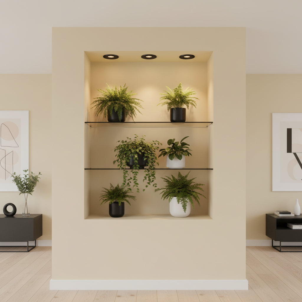 Mini recessed spot lamp above plants and shelves on a pale yellow background