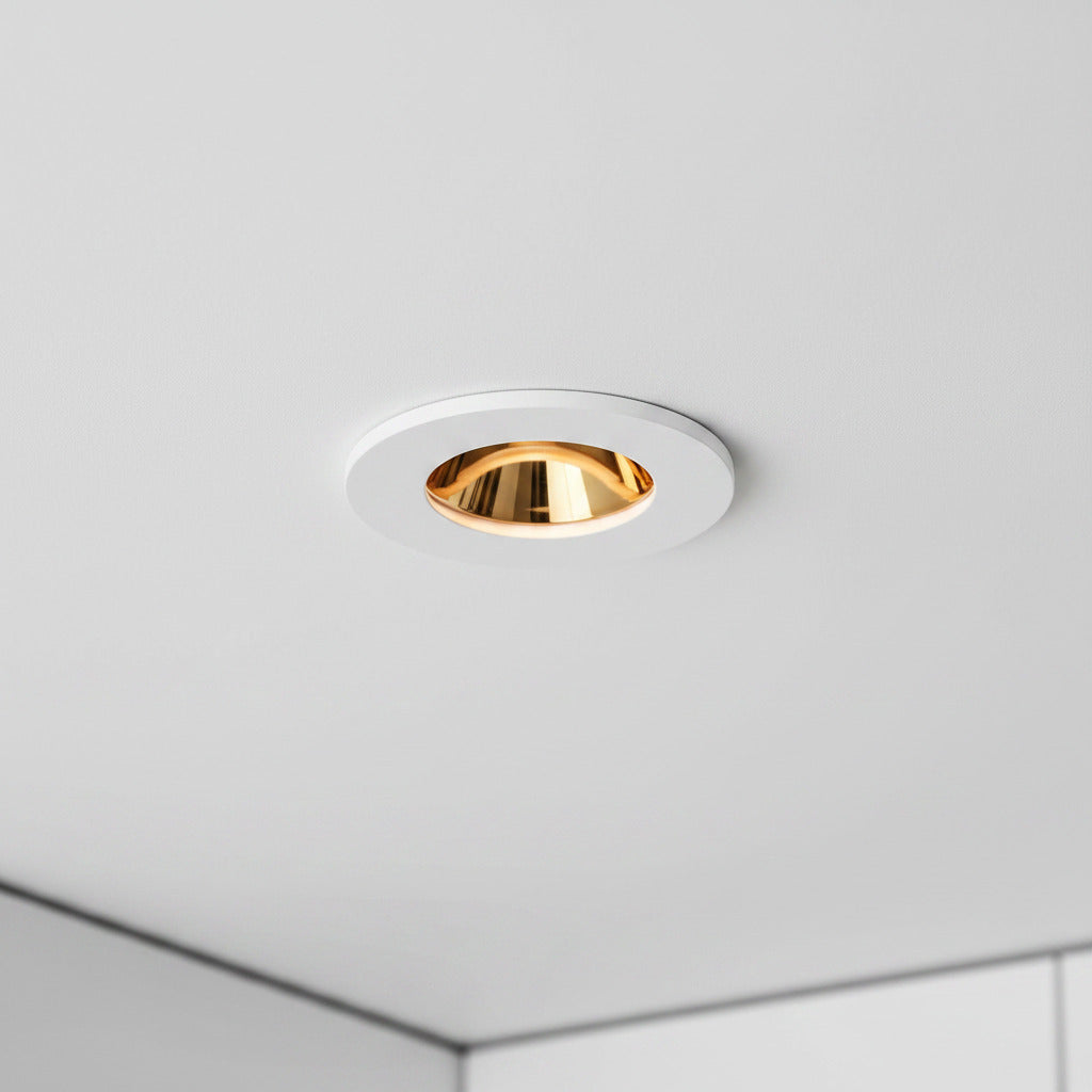 white and gold recessed ceiling downlight in a modern home setting