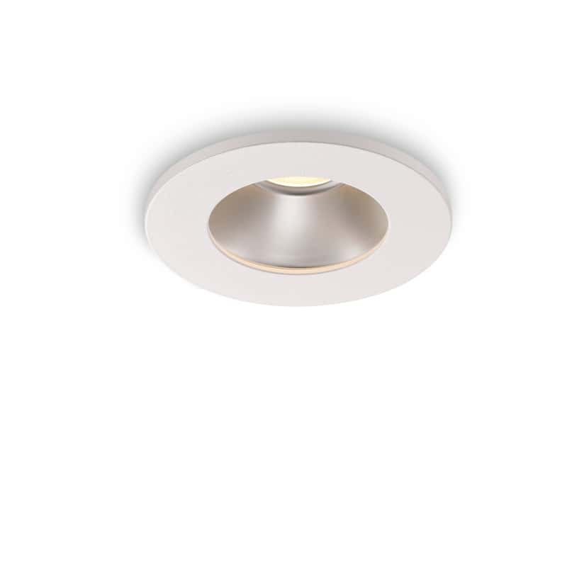 white recessed ceiling mounted downlight shown on a white background