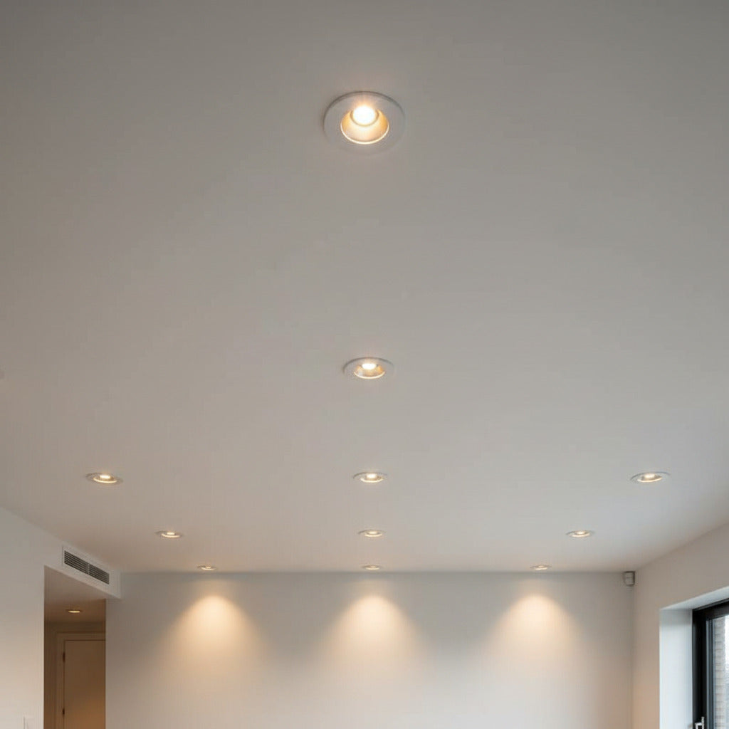 white recessed ceiling mounted downlight showing a number of lights mounted in the ceiling in a hotel room