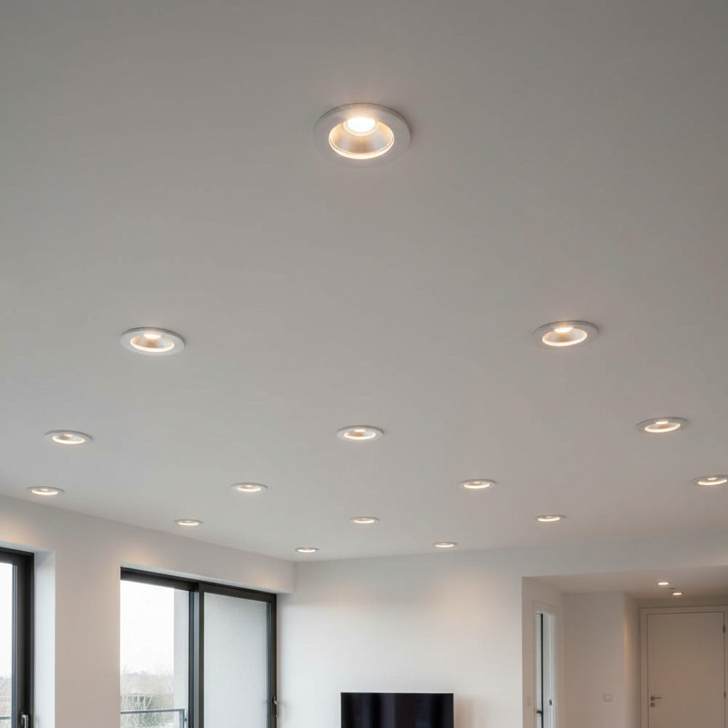 white recessed LED downlight fitting installed on the ceiling of a modern home