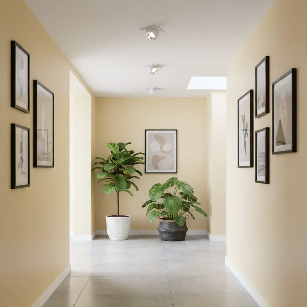 Eyeball downlights in a hallway with plants and pictures of a modern house