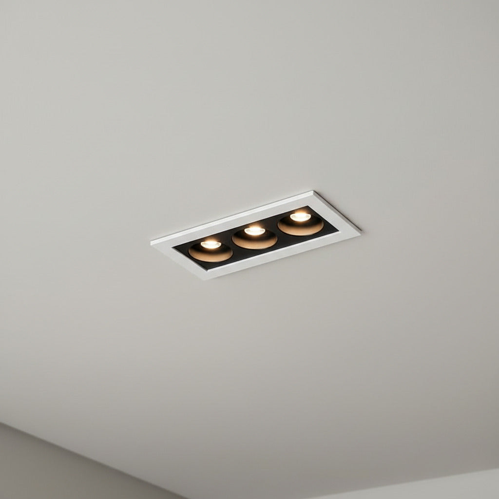 anti glare recessed downlighter installed on a light grey ceiling