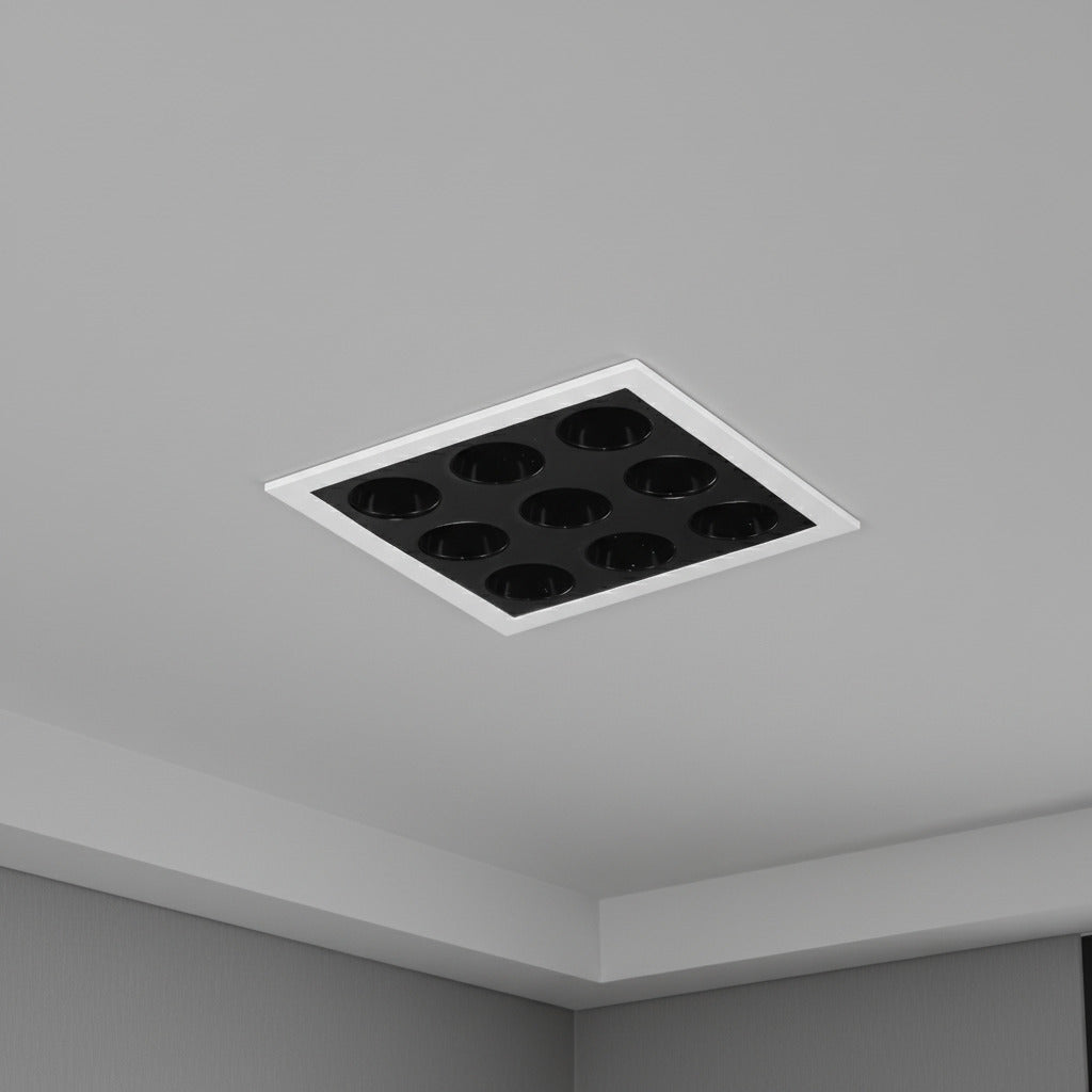 anti glare LED downlight installed on a grey ceiling 