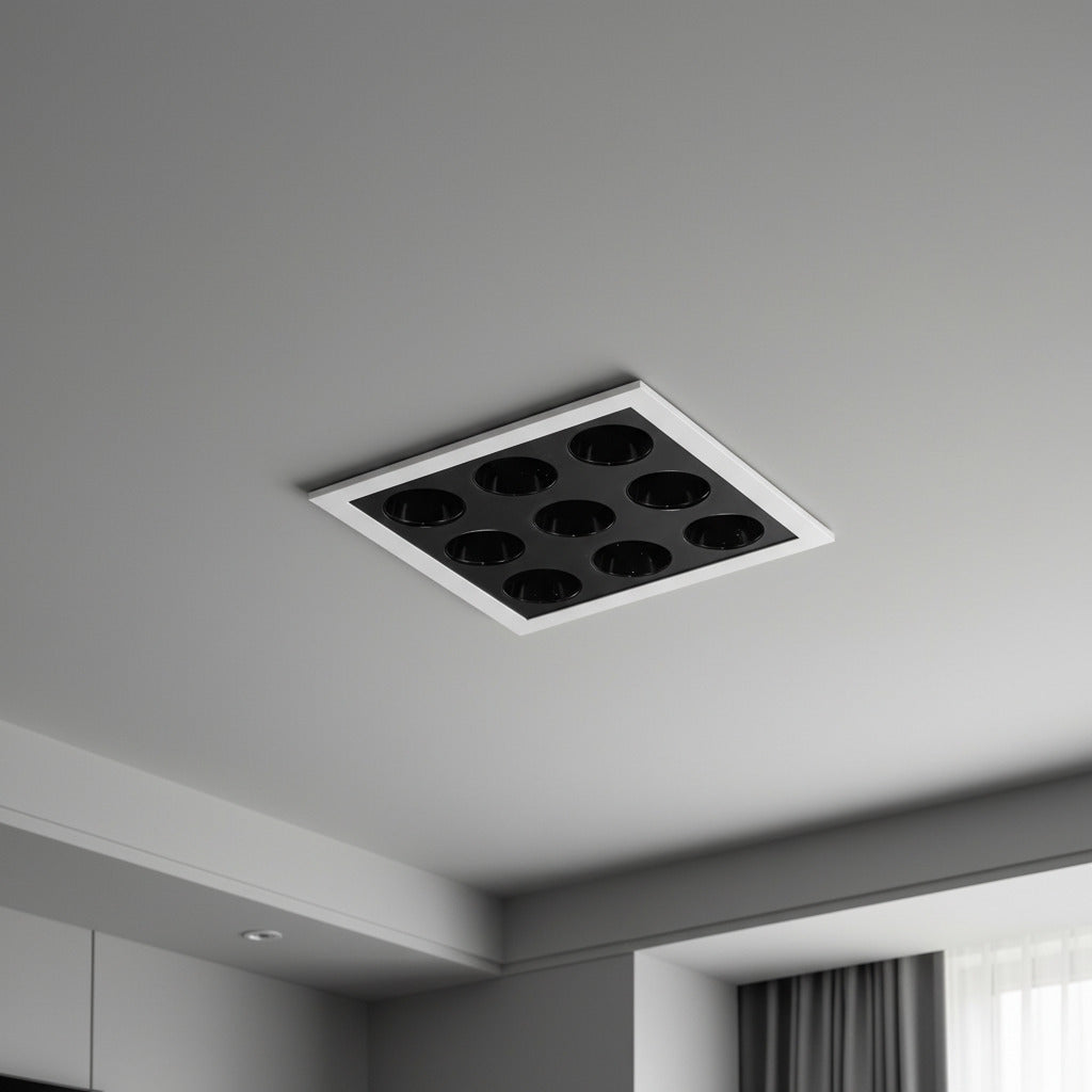 anti glare LED downlight recessed into a hotel room ceiling 