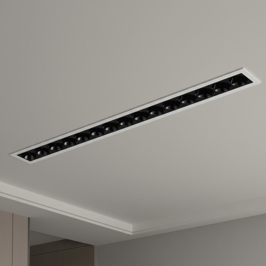 anti glare linear recessed downlight installed in a hotel room