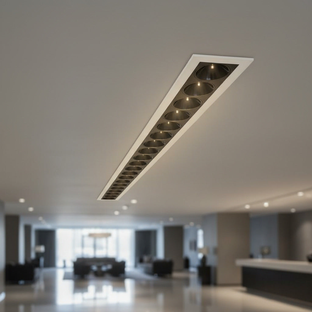 linear recessed downlighter installed in a hotel reception area