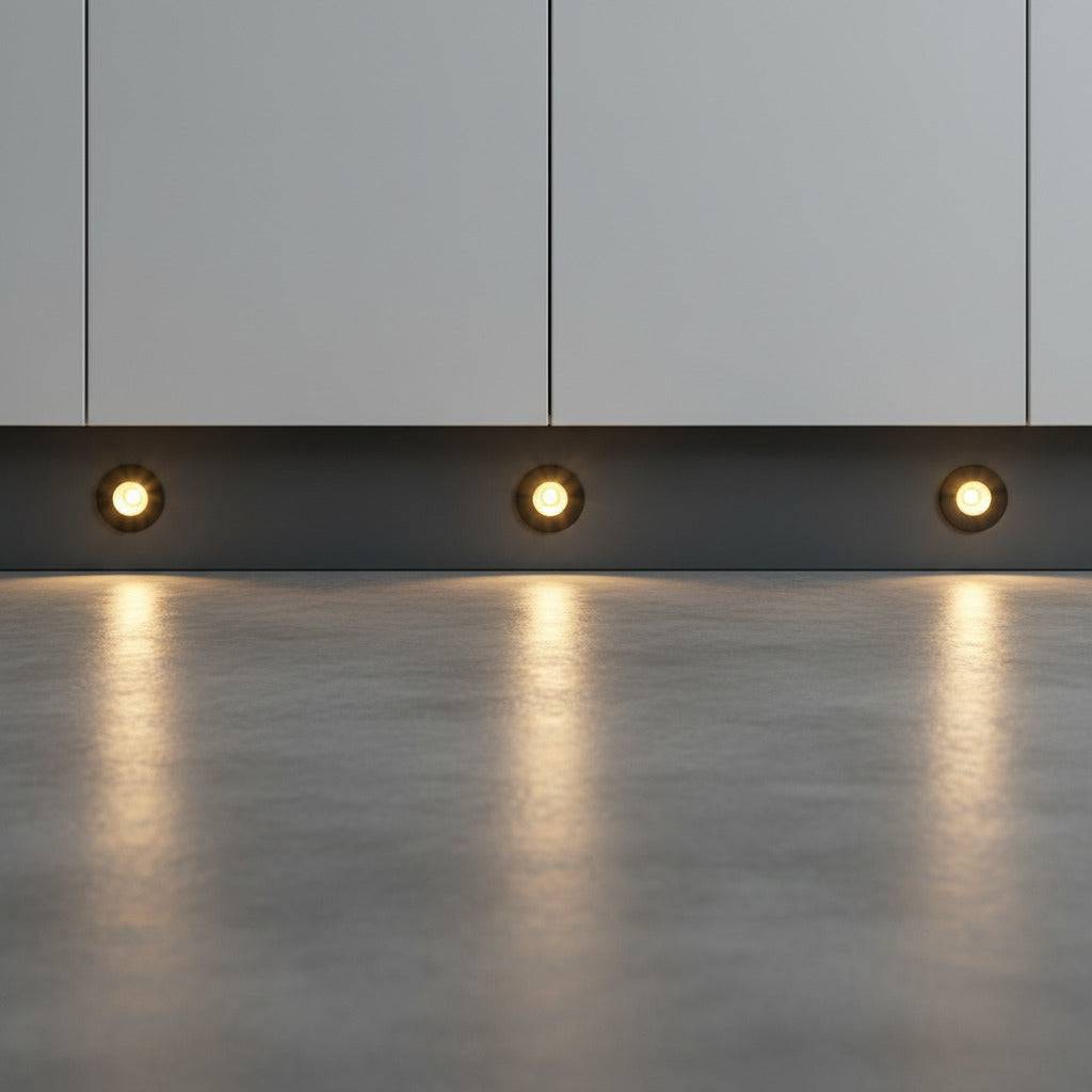 black LED plinth lights mounted at low level in a dark grey kickboard