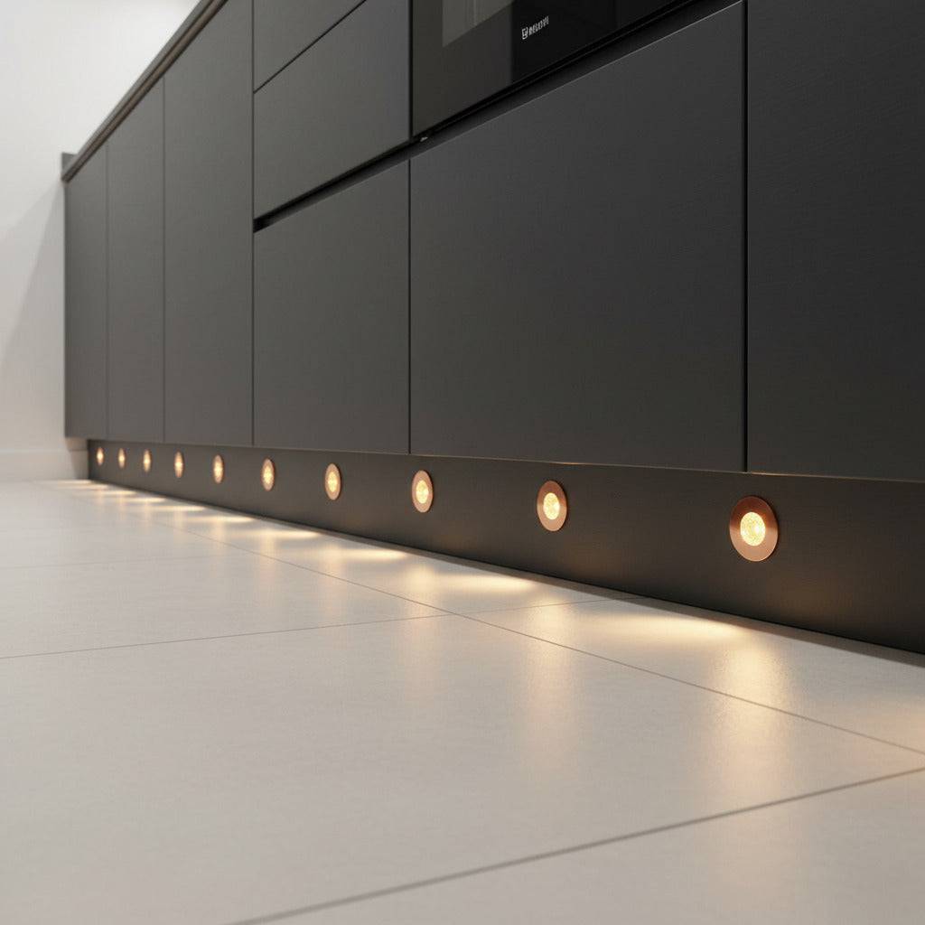rose gold kitchen kickboard lights mounted along a dark kitchen kickboard