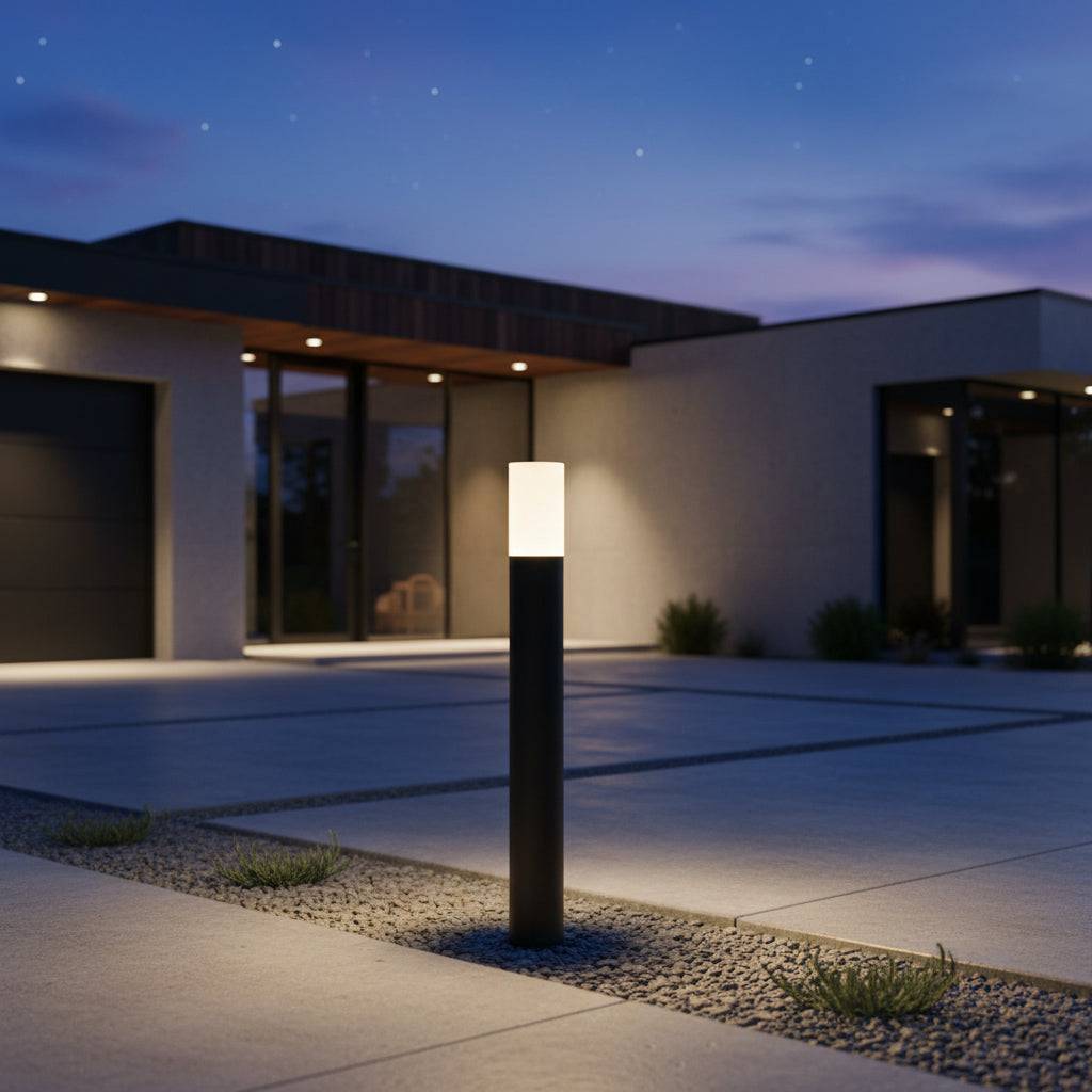 Black driveway bollard light illuminating access to the garage of a modern home