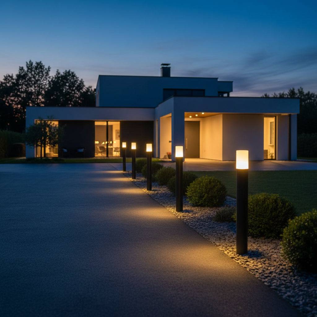 Black driveway bollard light  illuminating a driveway to a modern house