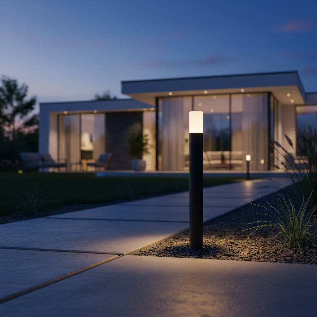 Black walkway bollard light on shiny grey path leading to a very modern home