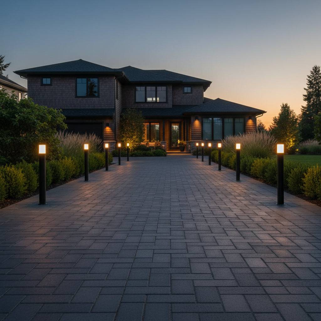 Black walkway bollard light on a wide paved path leading to a modern house
