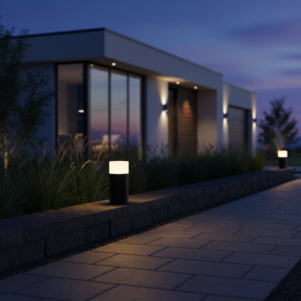 black small bollard light installed on top of a low wall outside of a modern home