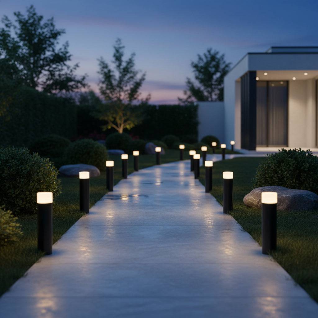 black external  bollard light on curved pathway outside modern home