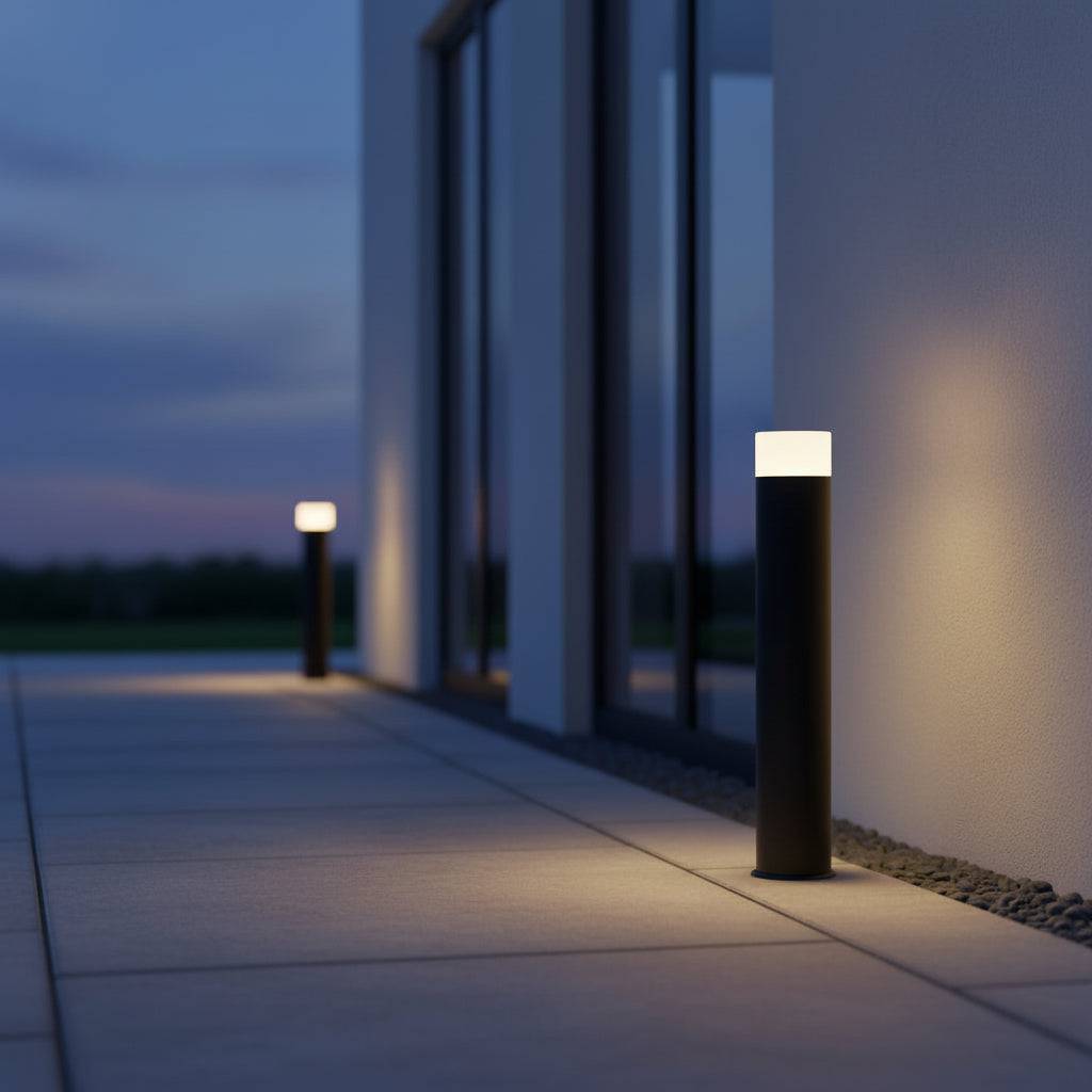 Black bollard light pole on pathway outside a modern house