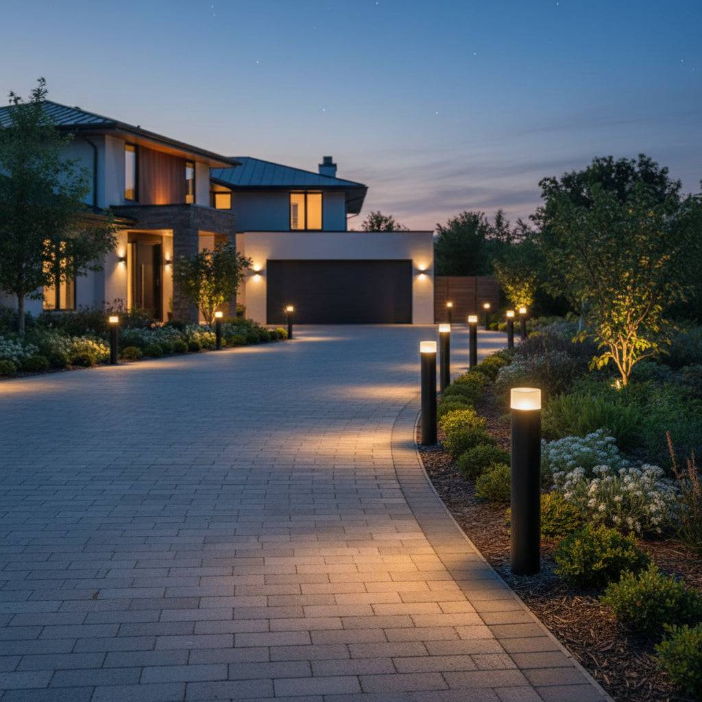 Black bollard light pole on a paved driveway with planting to the side