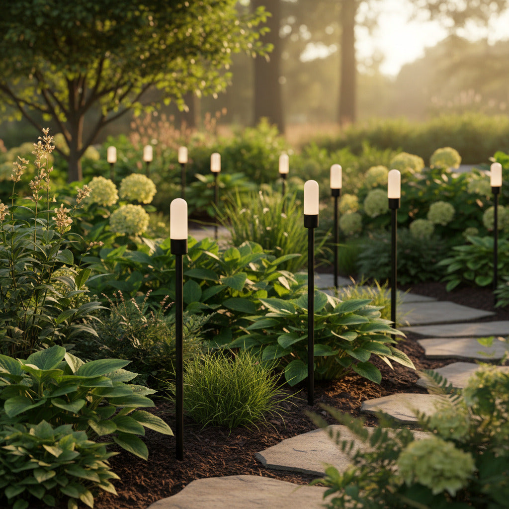 black landscape spike light installed along a pathway 