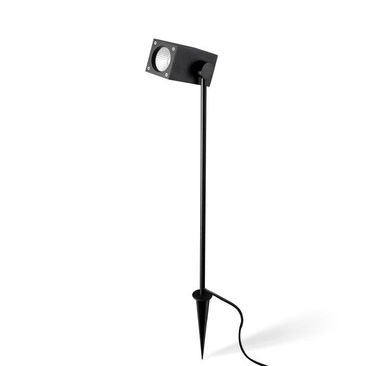 black IP65 garden spike light on a white background 