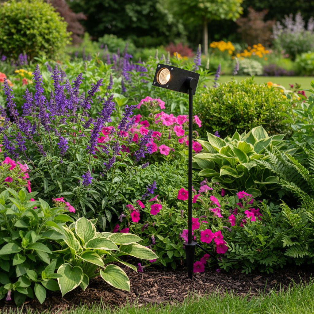 black IP65 garden spike light in a garden border 