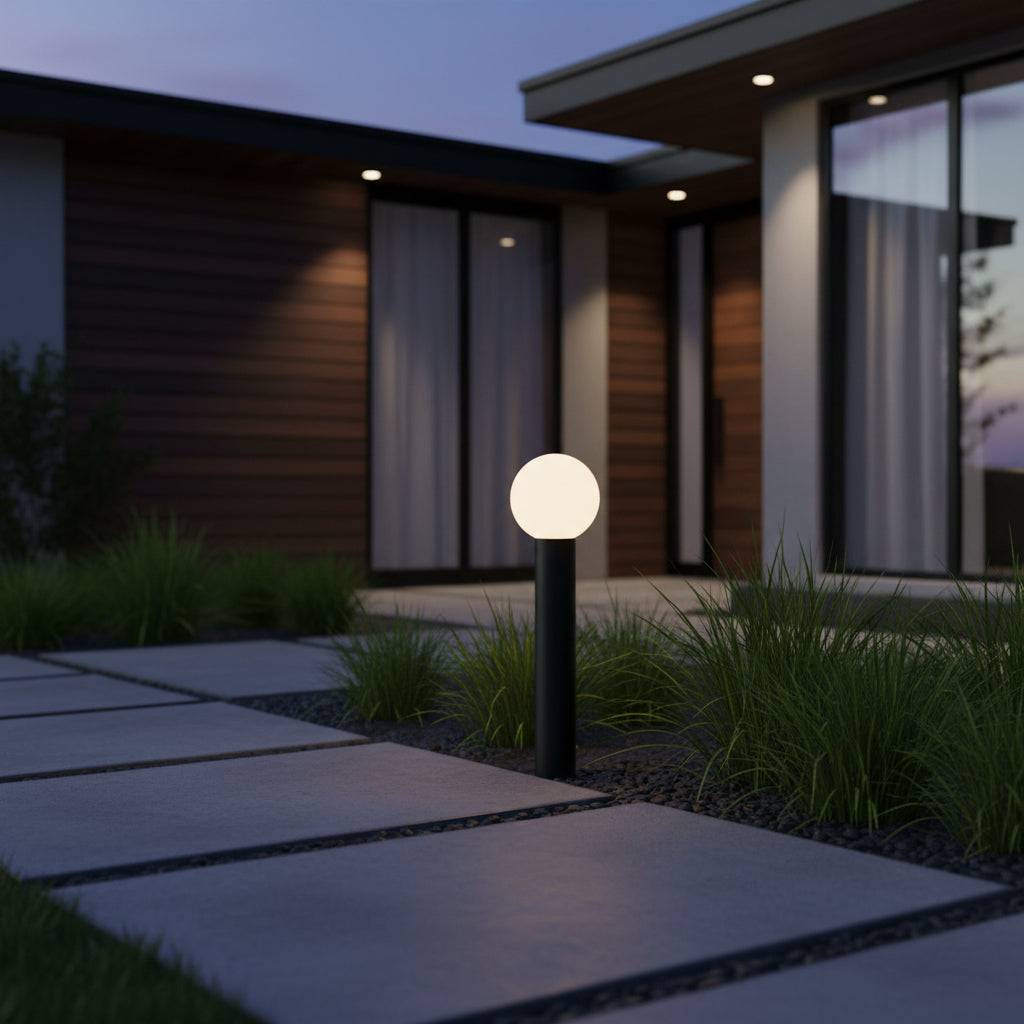 Black illuminated bollard on a grey pathway leading to a modern house
