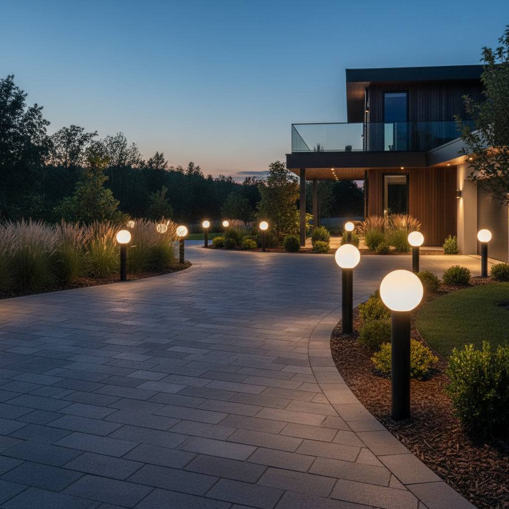 Black illuminated bollard on a wide pathway with plating either side leading to a modern house
