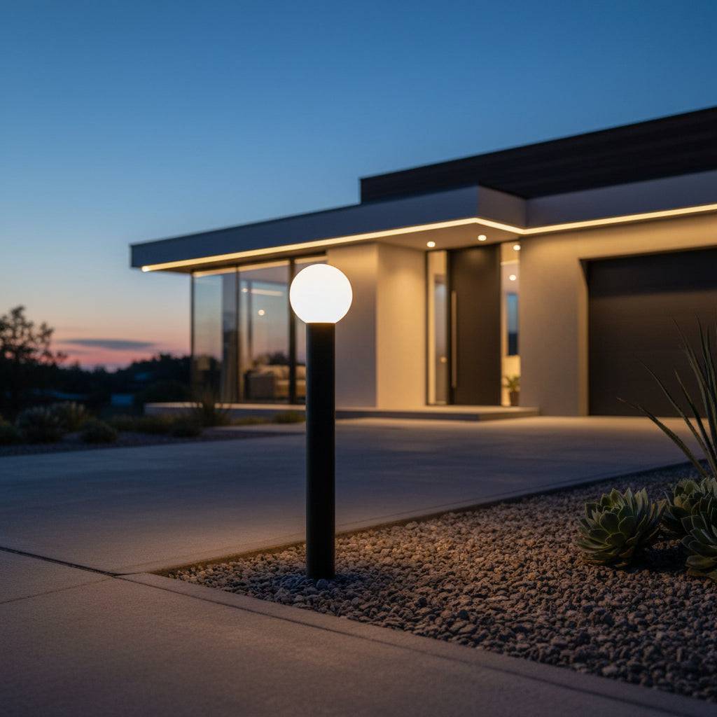 Black outdoor bollard garden light installed in a gravelled area outside a modern home