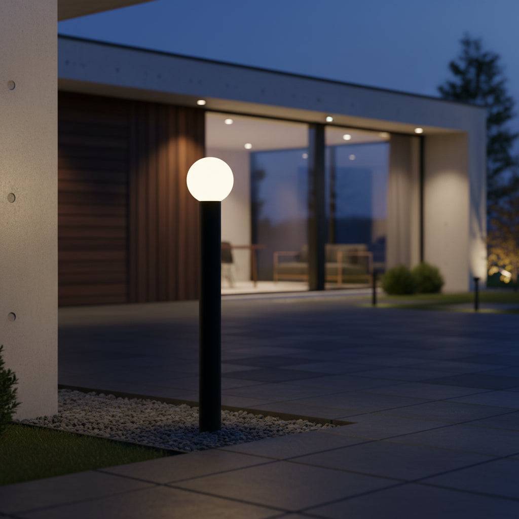 Black LED bollard light to illuminate entrance to modern house