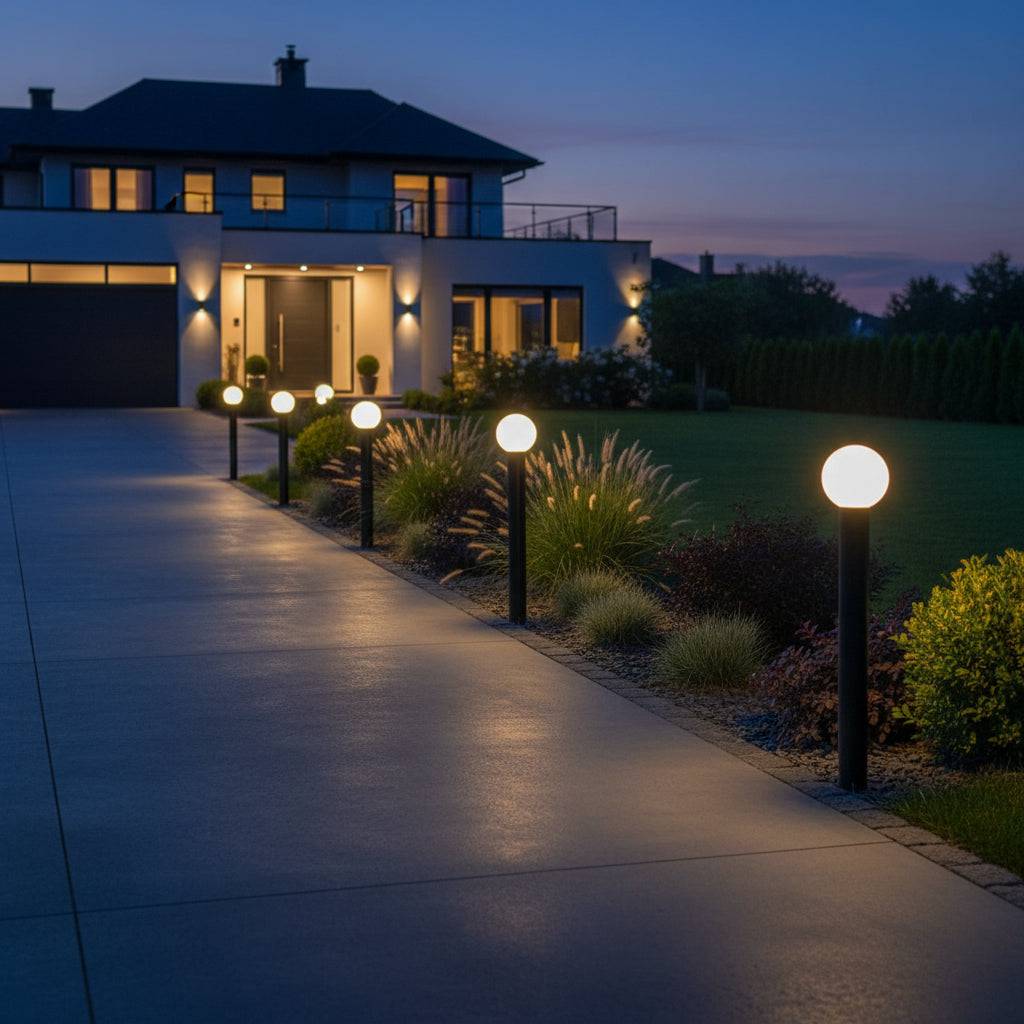 Black LED Bollard light on a grey tiled driveway for a modern home