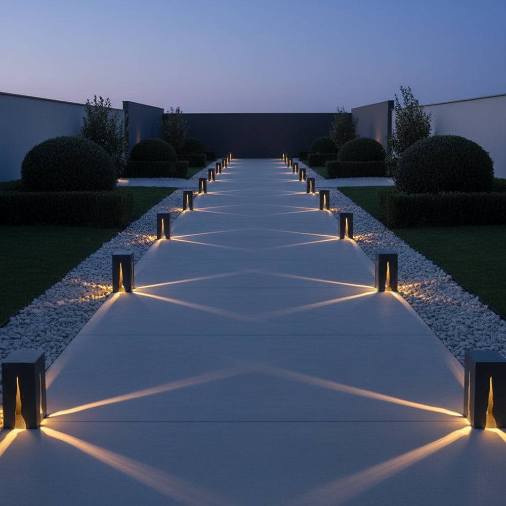 Black square path bollard light on a wide pathway in a modern setting