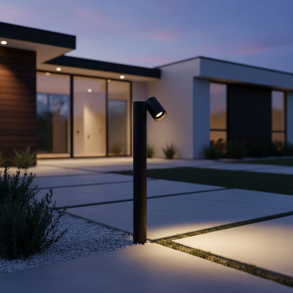 Black adjustable bollard light on large pathway leading to a modern house