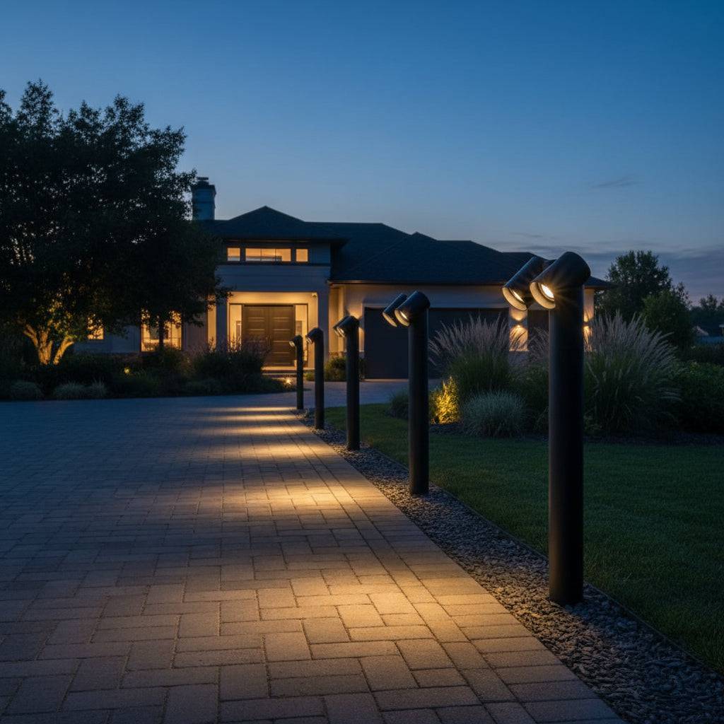 Black twin spotlight bollard light illuminating a pave driveway to a modern home 
